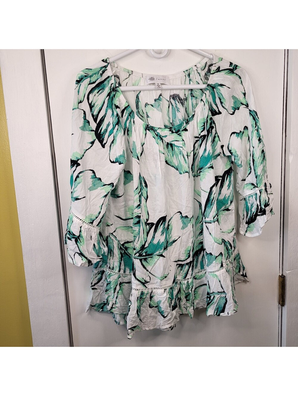 Fever palm print blouse 3/4 bell sleeves and delicate ladder stitching details M